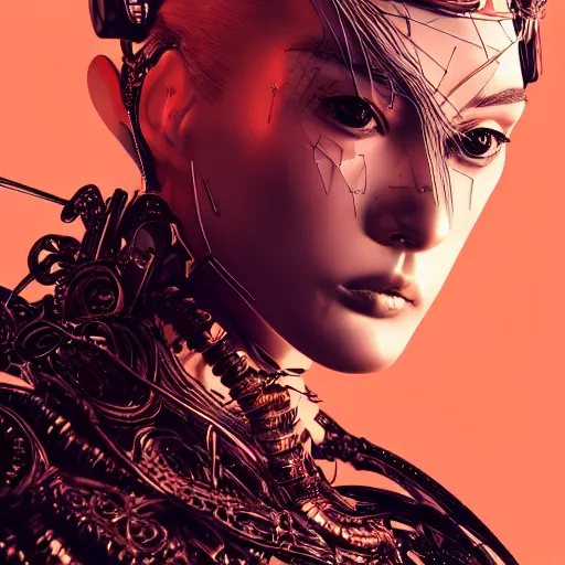 Image similar to the portrait of an absurdly beautiful, graceful, elegant, sophisticated, fashionable cyberpunk gravure idol, an ultrafine hyperdetailed illustration by kim jung gi, irakli nadar, intricate linework, bright colors, porcelain skin, unreal engine 5 highly rendered, fashion photography, half of face electronics, global illumination, radiant light, detailed and intricate environment