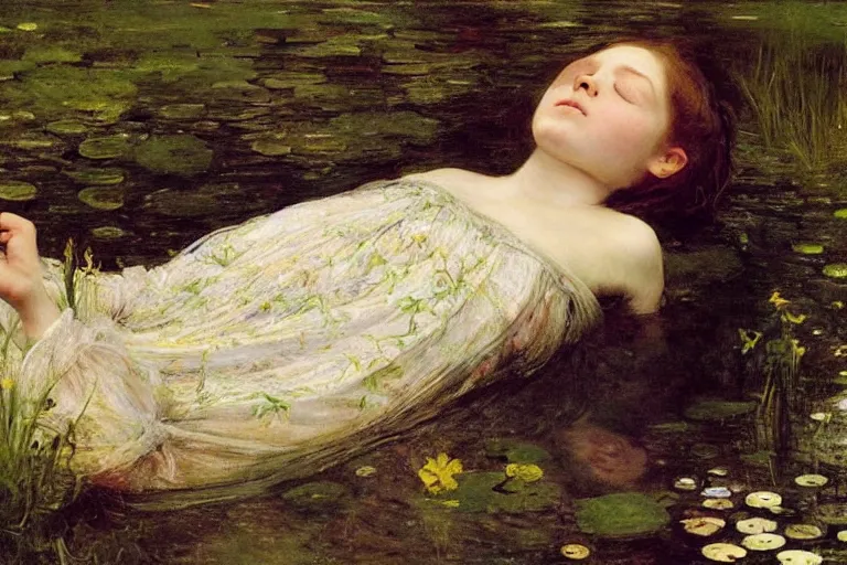 Prompt: portrait of a beautiful drowned girl, floating in a river full of high green grass and fine flowers with closed eyes, wearing a nicely crafted antique dress, by sir john everett millais, photorealistic, hyperdetailed, ethereal, masterpiece, oil painting