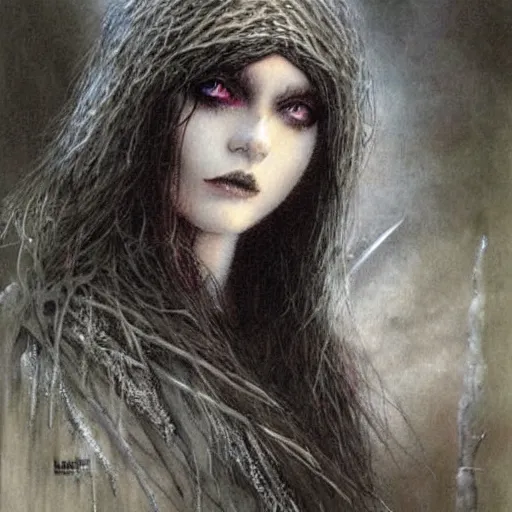 Image similar to young teen female with crow head , painting by Luis Royo