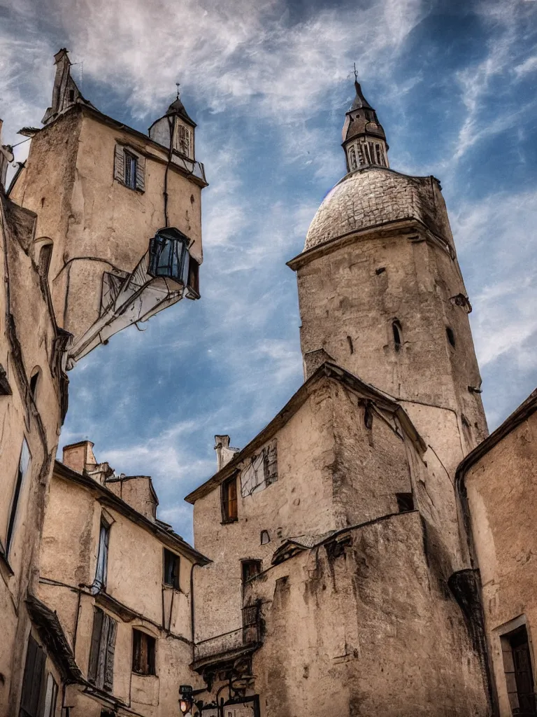 Image similar to painting, photography of a an alien spaceship over the sky in a medieval old city in france