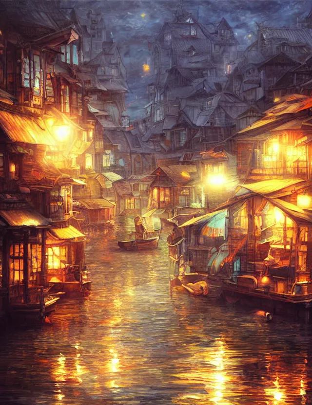 Image similar to lost in a floating town. oil painting by award - winning mangaka. backlighting, chiaroscuro, intricate details, depth of field, luminescent colors.