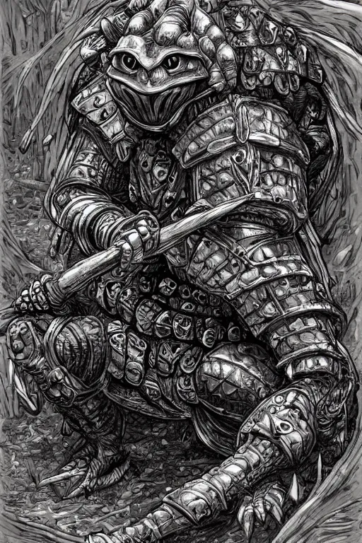 Image similar to humanoid toad warrior, wearing armour, swamp, symmetrical, highly detailed, digital art, sharp focus, trending on art station, kentaro miura manga art style