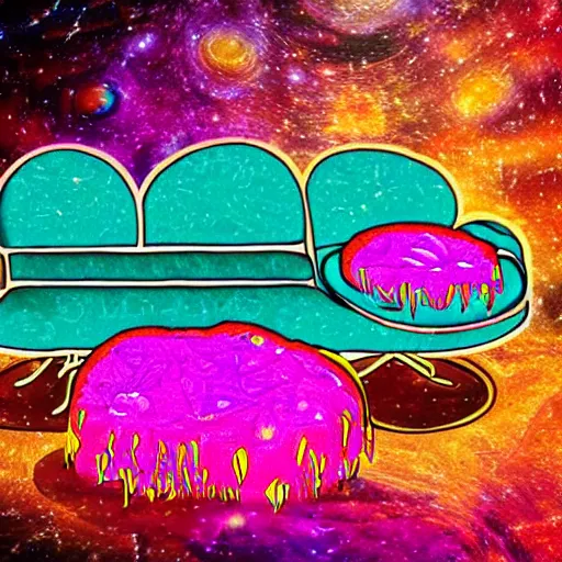 Prompt: psychedelic trippy couch in space, experimental mess, transitioning couch, non discrete couch, musical couch, small but dominant couch, wavy trippy world couch, rice burger couch, steak and eggs couch, hairless, bald, shaven couch, no eyebrows, skin couch, weird people couch