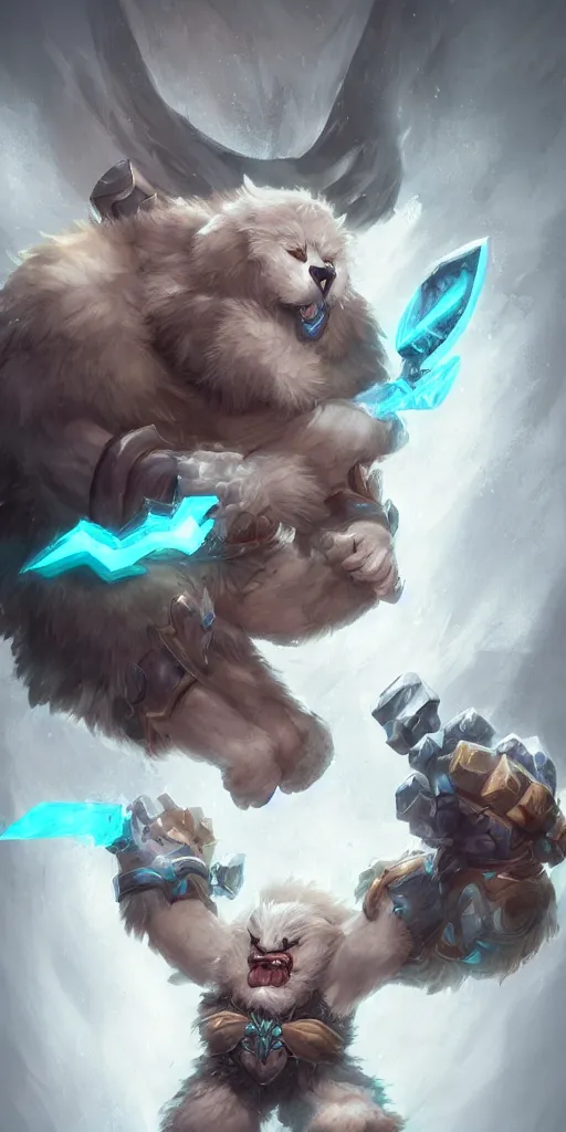 Prompt: volibear the white muscular wild bear with runes using storm on frejlord from league of legends trending on artstation bloom