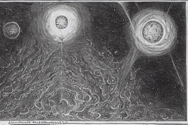 Image similar to Outside the ordered universeis that amorphous blight of nethermost confusion which blasphemes and bubbles at the center of all infinity—the boundless daemon sultan Azathoth, whose name no lips dare speak aloud, and who gnaws hungrily in inconceivable, unlighted chambers beyond time and space amidst the muffled, maddening beating of vile drums and the thin monotonous whine of accursed flutes. Colored. From artstation Painted by Wayne Barlowe and Zdislav Beksinski