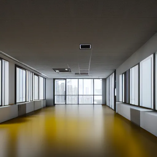 Prompt: An old office space, empty, without windows, yellow color scheme, liminal spaces, protgraphy, 4k