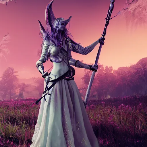 Image similar to soft painting curiosities ornaments synthwave, beautiful elven female warrior in full long dress, accurate features, focus, very intricate ultrafine details, black white purple volumetric clouds, award winning masterpiece, octane render 8 k hd, fantasy forest