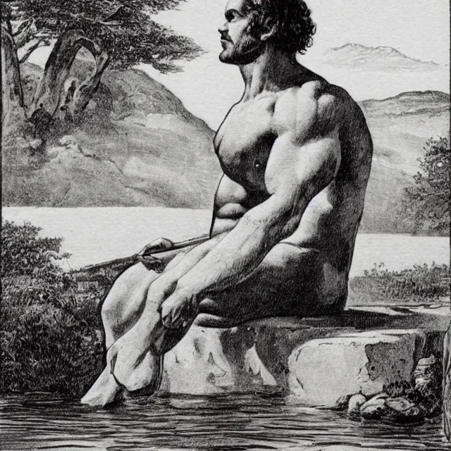 Image similar to muscular greek god sitting by a lake, vintage illustration