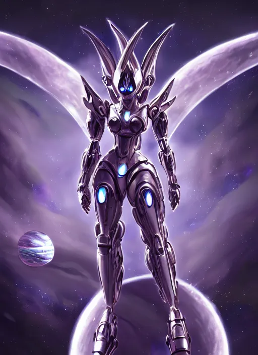 Image similar to goddess shot, galactic sized stunning beautiful anthropomorphic robot mecha female dragon, in space, larger than planets, posing elegantly, with earth in clawed hands, detailed silver armor, epic proportions, epic size, epic scale, ultra detailed digital art, furry art, macro art, dragon art, giantess art, warframe fanart, furaffinity, deviantart, realistic