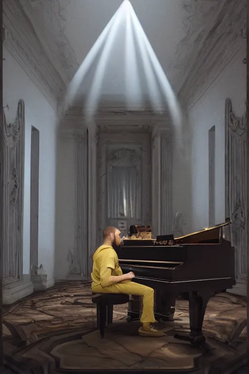 Mac Miller playing the piano in the middle of a marble Stable Diffusion