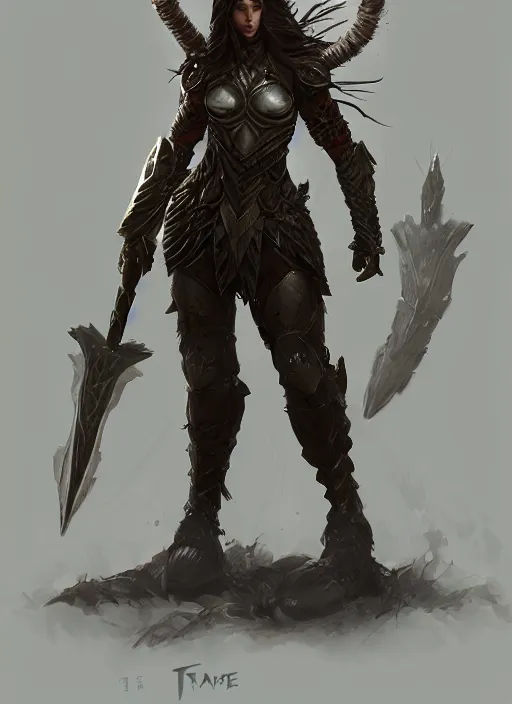 Image similar to Dryad female warrior in heavy armour. In style of Hyung-tae Kim, Greg Rutkowski and Larry Elmore, concept art, trending on ArtStation, Korean MMORPG, over-detailed art, 8K, epic, dynamic lightning, scenery.