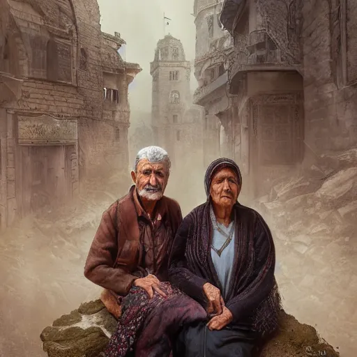 Image similar to hyperrealistic mixed media high resolution image of two Kurdish grandparents, stunning 3d render inspired art by István Sándorfi and Greg Rutkowski and Unreal Engine, perfect symmetry, dim volumetric lighting, 8k octane beautifully detailed render, post-processing, extremely hyper-detailed, intricate, epic composition, highly detailed attributes, highly detailed atmosphere, full body shot, cinematic lighting, masterpiece, trending on artstation, very very detailed, masterpiece, stunning, flawless structure, lifelike texture, perfection,