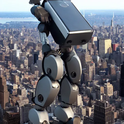 Prompt: An antropomorphic robot with a gun climbs to the empire state building