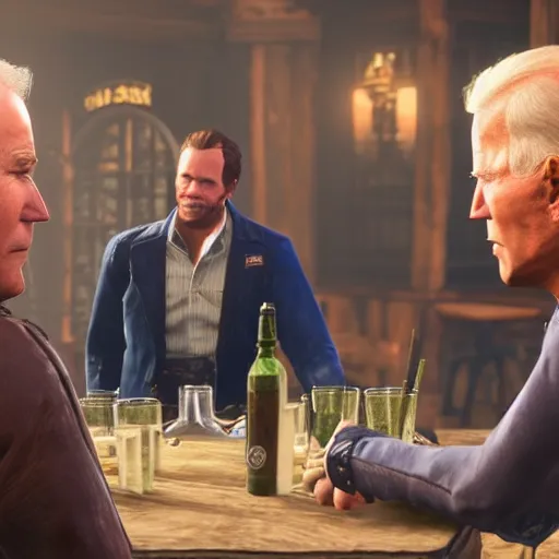 Prompt: arthur morgan having a drink with Joe biden