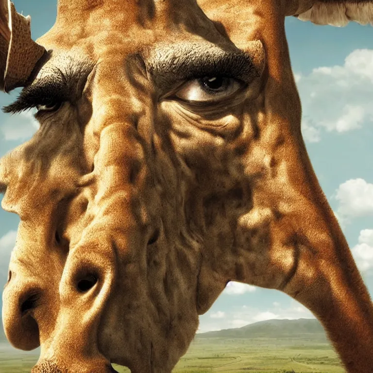 Prompt: extreme close - up portrait octane render by wayne barlow and carlo crivelli and glenn fabry, a giant tall giraffe wearing a silver helmet, inside an african savannah, very short depth of field, bokeh