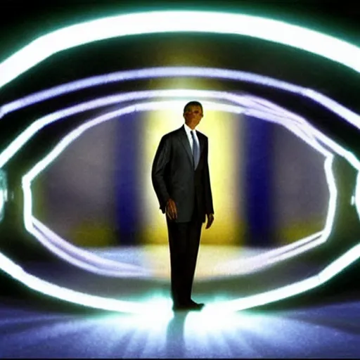 Prompt: barrack obama going through an active stargate in atlantis