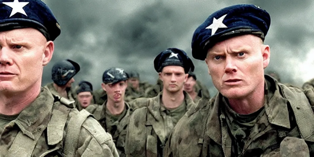 Prompt: a film still of Bill burr in saving private ryan, high quality