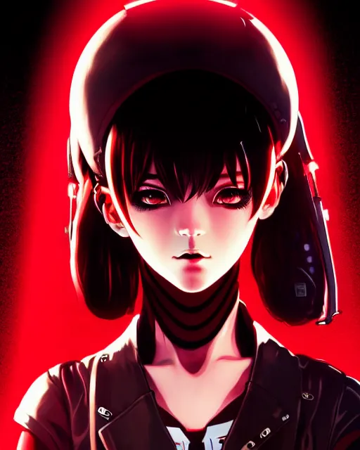 Image similar to a comic potrait of a cyberpunk cyborg girl with black and red parts, fine - face, realistic shaded perfect face, fine details. night setting. very anime style. realistic shaded lighting poster by ilya kuvshinov katsuhiro, unreal engine, global illumination, radiant light, detailed and intricate environment