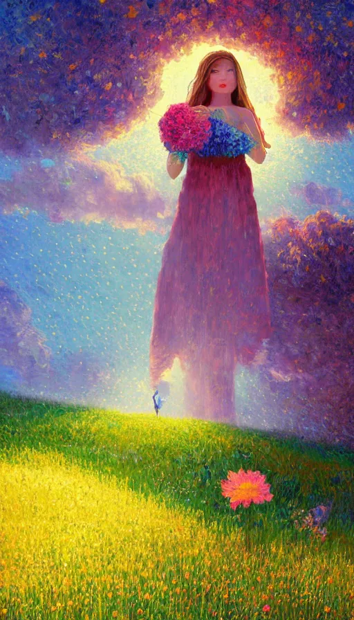 Image similar to girl with giant flower as a face and flower dress, standing in a flower field hills, big trees, sunrise dramatic light, impressionist painting, colorful clouds, digital painting, pointillism, artstation, simon stalenhag