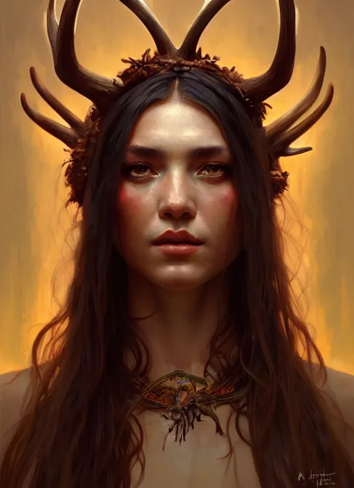 Prompt: portrait of shaman beautiful girl, intrigante, ¨ hedgear with antlers and bone parts, headshot, highly detailed, digital painting, artstation, concept art, sharp focus, cinematic lighting, illustration, art by artgerm and greg rutkowski, alphonse mucha, cgsociety