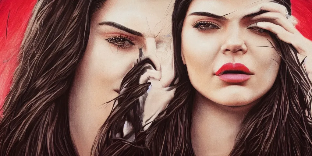 Image similar to hyper realistic kendall jenner on a coachella stage in the style of a slipknot album cover, minimal art style, highly detailed, intricate, digital painting, artstation, 3 5 mm film grain