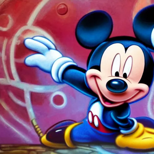 Image similar to Mickey Mouse as a character in the game GTA VI, with a background based on the game League of Legends, detailed face, PAINTING BY android jones