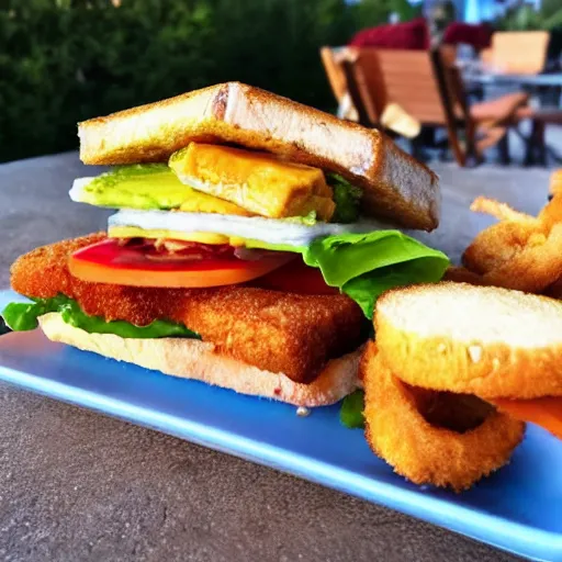 Prompt: sandwich with fried tofu, also one tomato slice, two onion rings, avocado and cheddar, over a dish and over a table, outside with a sunsed and rainbow in the background with saturn and stars in the sky, amazing light