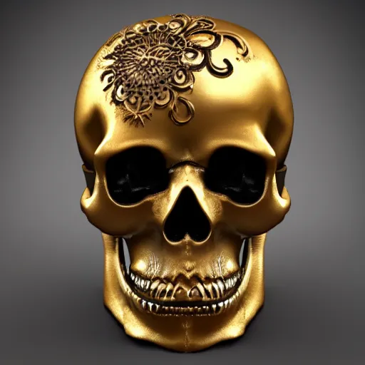 Image similar to human skull ornated, filigree, patina, gold, ornaments, 3 d design for tattoo, hyper maximalist, elegant, ornate, luxury, elite, symmetrical, unreal engine, 3 d design