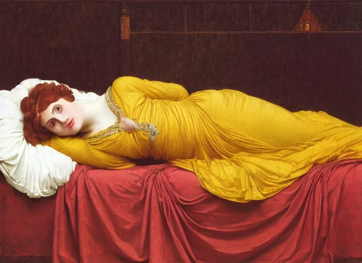 Image similar to portrait of lady reclining on bed wearing yellow ochre ornate medieval dress, foreshortening, framed, preraphaelite colour photography by frederic leighton, william morris, 8 k