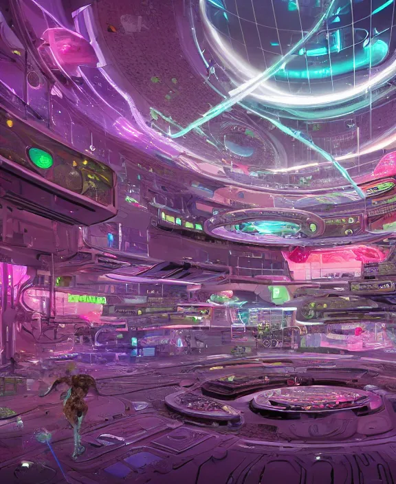 Prompt: a futuristic space colony with large round bubbled archaeologies, highly detailed, sci-fi, high-tech, neon lights