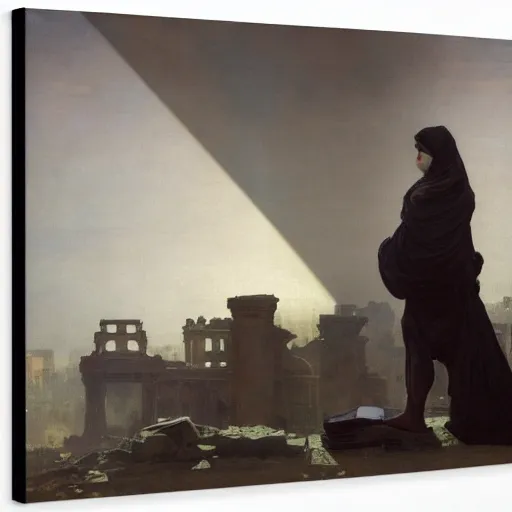 Image similar to half portait of magican wearing a closed cowl and big old book! chained to the wrist, jeremy mann, jean - leon gerome, tiepolo, alphonse mucha, greg rutkowski, face in the shadows, ( ( ruins of ancient rome ) ), at dusk, mysterious atmosphere, sunrays, dof, high detailed, 8 k