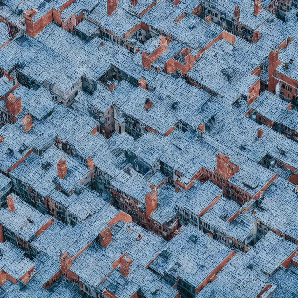 Prompt: bird's eye view of single blue rooftop building, seamless texture of bricks on top of roof, 8k