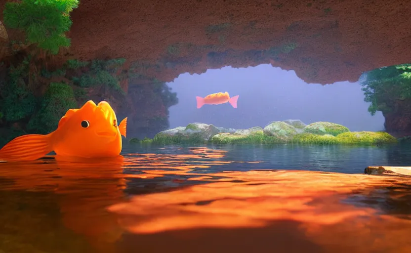 Image similar to a cave lake with some big orange fish inside, studio ghibli, pixar style, octane render, unreal engine 5, path traced, highly detailed, high quality, 8 k, soft lighting, godrays, complementary colors, natural lighting, water parallax, serene landscape, beautiful, elegant, digital painting