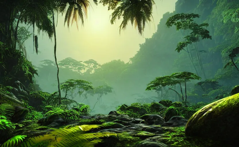 Image similar to a beautiful render of a dark prehistoric rainforest, lush flora, patches of sky, sunset, mountains and a waterfall in the background, intricate detail, hazy, humid, volumetric lighting, 8 k, photorealistic, raytracing effects, unreal engine 5