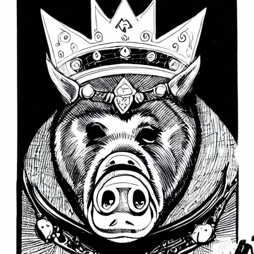 Image similar to detailed lineart comic book drawing of pig wearing a gold crown in the style of jim lee