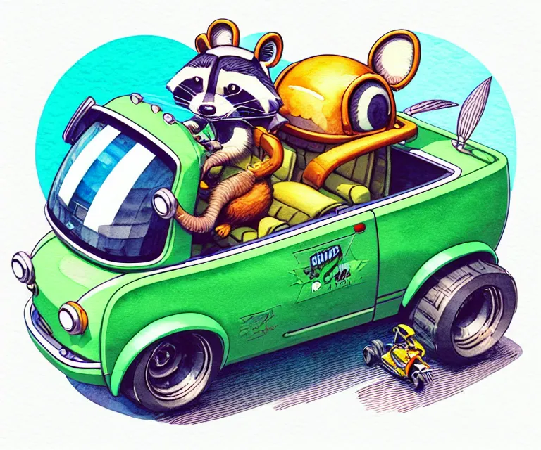 Image similar to cute and funny, racoon wearing a helmet riding in a tiny hot rod with oversized engine, ratfink style by ed roth, centered award winning watercolor pen illustration, isometric illustration by chihiro iwasaki, edited by range murata, tiny details by artgerm and beeple, symmetrically isometrically centered