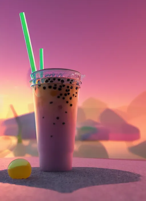 Prompt: bubble tea with lots of boba, product shot, macro, hyper realistic, sunset, octane render, raytracing, trending on artstation, artstationhd, artstationhq, unreal engine, 4 k, 8 k