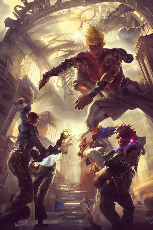 Prompt: a blonde man a mexican man and a persian man fight a giant cash register, ultrarealistic, futuristic dark fantasy, art by artgerm and yoshitaka amano and thomas kincaid, trending on artstation