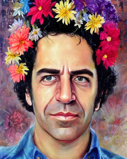 Image similar to a painting of jeffry epstein with flowers in his hair, a character portrait by drew struzan, behance contest winner, american scene painting, oil on canvas, matte drawing, studio portrait