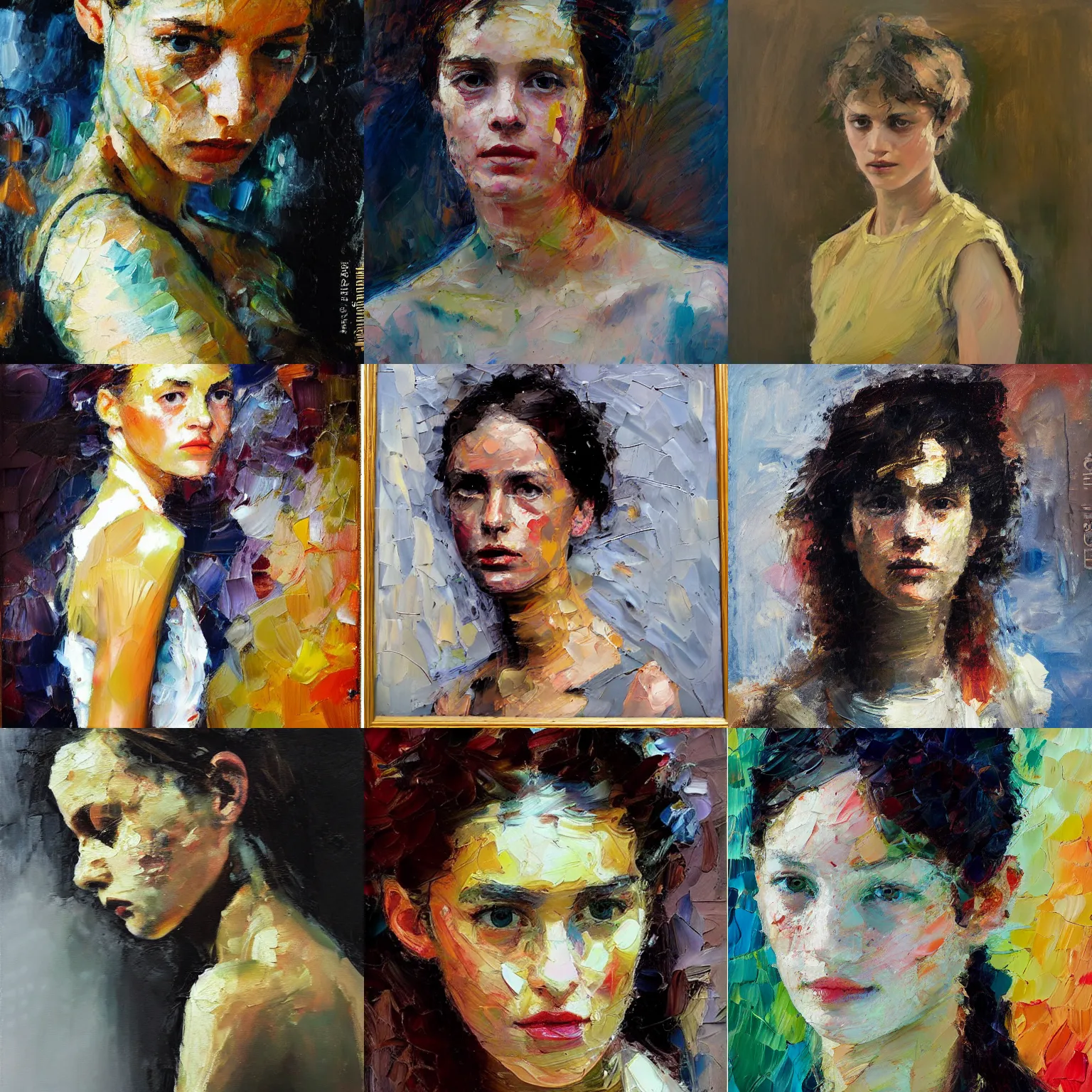 Image similar to highly detailed palette knife oil painting of a young woman by Peter Lindbergh, impressionistic brush strokes, painterly brushwork