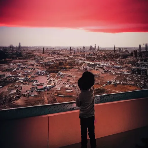 Image similar to cat watching post apocalyptic city with burning red sky