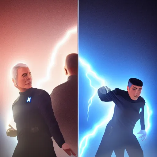 Prompt: two fearless ai leaders startrek, volumetric lightning, ambient light, trending on artstation, 8 k, award winning