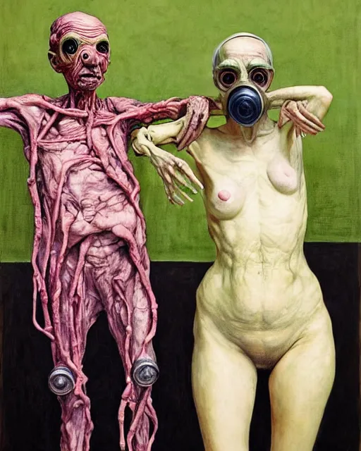 Image similar to two skinny old people with extra limbs, wearing gas masks and robes of gold, green and pink, cinematic, dystopian, eerie, horror, gothic, highly detailed painting by Jenny Saville, Esao Andrews, Francis Bacon, !!!Edward Hopper!!! surrealism, art by Takato Yamamoto and James Jean