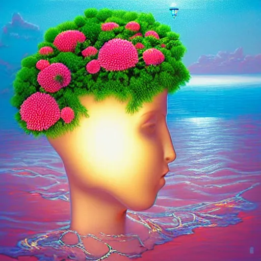 Image similar to surreal ocean, sea, water, pool, checkerboard pattern, award winning masterpiece with incredible details, a surreal vaporwave vaporwave vaporwave vaporwave vaporwave painting by Thomas Cole of an old pink mannequin head with light beaming out of its eyes, flowers growing out of its head, sinking underwater, ocean waves, highly detailed, shocking