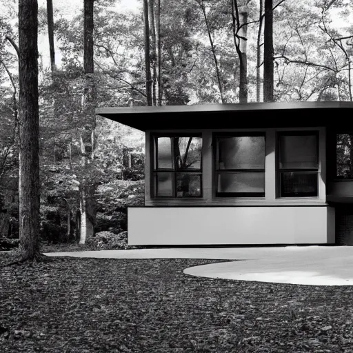 Image similar to architecture ad for a mid-century modern house in the middle of the forrest, designed by Frank Gehry. Film grain, cinematic, grayscale, blue hue