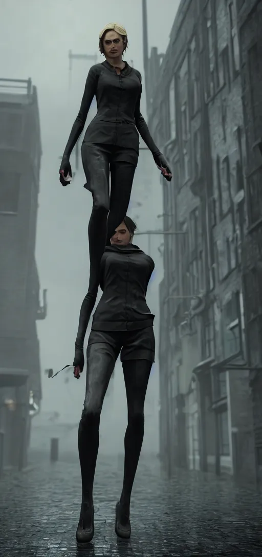 Image similar to beautiful model annie leonhart running on high heels with open toe in dunwall city, beautiful face, detailed face, cinematic lighting, rainy weather, melancholy atmosphere, volumetric light, octane render, dishonored 1, gothic architecture, realistic reflections, octane render 8 k, model agency, studio lighting