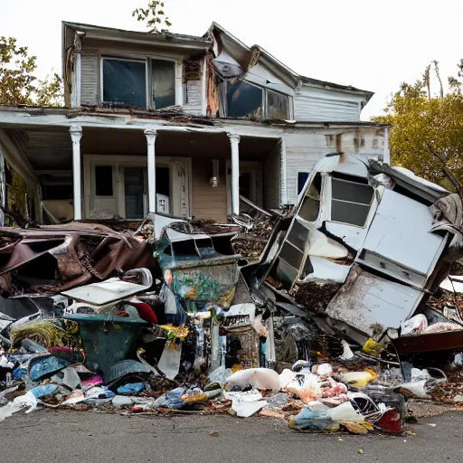 Image similar to a run down house with stacks of trash 1 0 feet high in front of the house. run down house is in a suburban neighborhood in america. broken and rusted golf cart in street in front of house