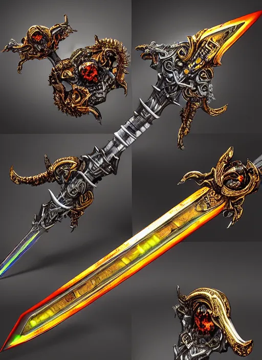 Image similar to legendary glowing sword of cybernetic technology on a table, digital award winning artwork, intimate, intricate, long sharp black and iridescent blade, ornate gothic baroque spikes coming out, colorful hilt, vivid detailed realistic, ray tracing, colored gems, golden pommel, by yoshitaka amano, deviantart