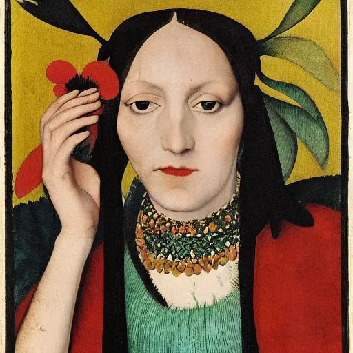 Prompt: portrait of a harpy changing into a flower, fashion editorial by hans holbein and alexej von jawlensky