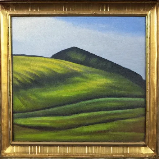 Image similar to an oil painting of a hill, by Jerome Bosch